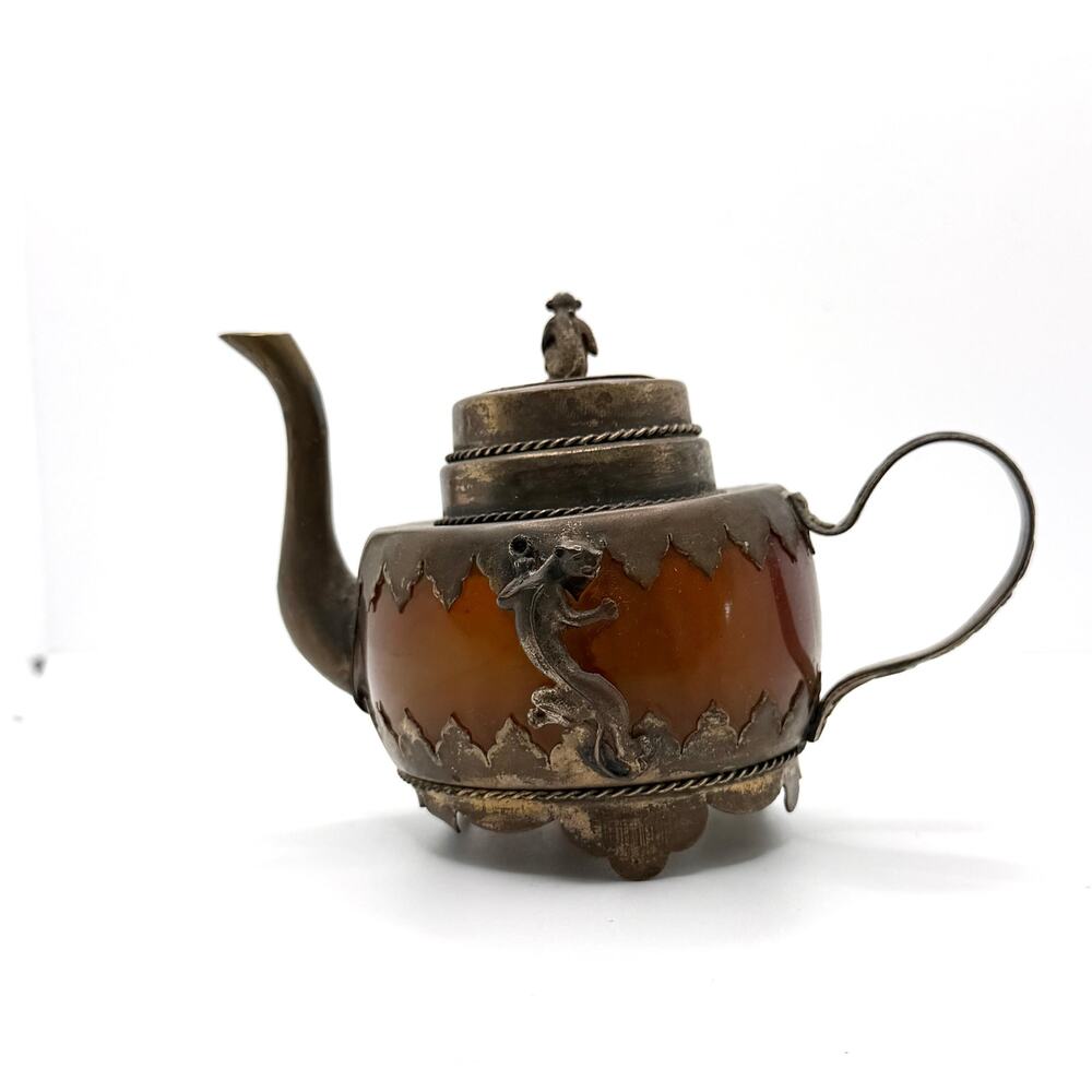 Vintage 50s Chinese Amber Resin Metal Monkey Dragon Panther Tea Pot